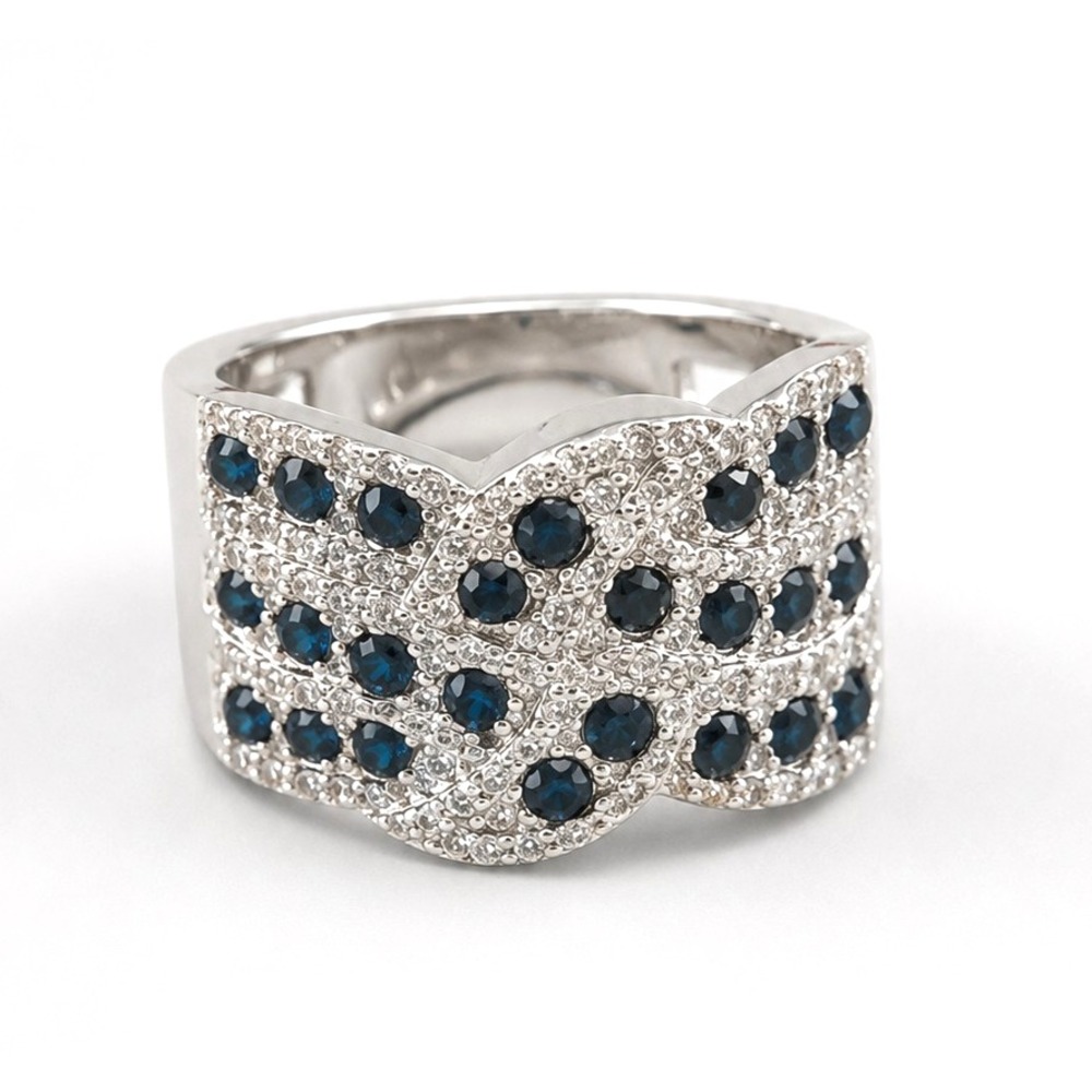 Vintage Blue Multi Rhinestone Silver Tone Wide Cigar Band Ring Size 10.5 R-TN42